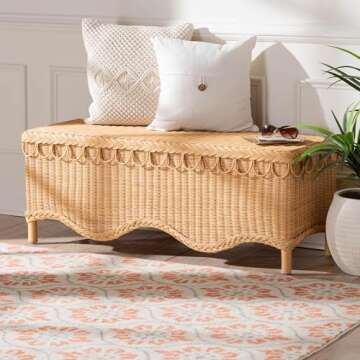 bali & pari Erla Bohemian Light Honey Rattan Accent Bench with Scallop Border