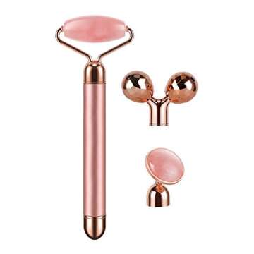 DANGSHAN 3-in-1 Electric Jade Roller 3D Roller Facial Roller & Face Massager, Rose Quartz