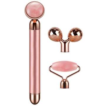 DANGSHAN 3-in-1 Electric Jade Roller 3D Roller Facial Roller & Face Massager, Rose Quartz