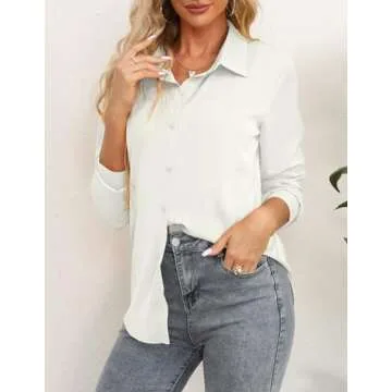 Summer Shirts Womens Button Down Long Sleeve Chiffon Office Casual Blouses (M, White)