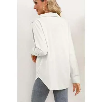 Summer Shirts Womens Button Down Long Sleeve Chiffon Office Casual Blouses (M, White)
