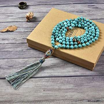 Cherry Tree Collection Mala Necklace | 108 Hand-Knotted 8mm Gemstone Round Beads, Tibetan Guru and C...