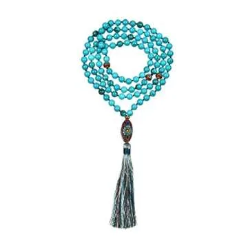 Cherry Tree Collection Mala Necklace | 108 Hand-Knotted 8mm Gemstone Round Beads, Tibetan Guru and Counter Beads, and Tassel | Meditation, Buddhist Prayer, Healing (Turquoise Howlite)
