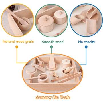 Montessori Sensory Bin Tools Toy with Wooden Box for Toddlers, Pretend Play Dish Toys Wooden Bowls S...