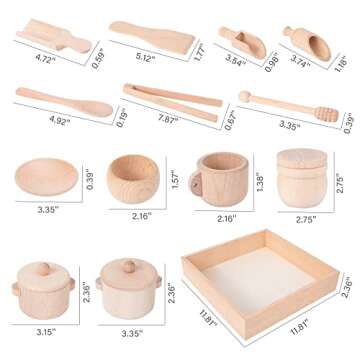 Montessori Sensory Bin Tools Toy with Wooden Box for Toddlers, Pretend Play Dish Toys Wooden Bowls Scoop Tongs Transfer Work Pouring Set, Kids Fine Motor Skills Development