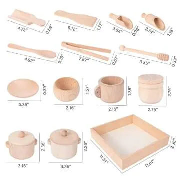 Montessori Sensory Bin Tools Toy with Wooden Box for Toddlers, Pretend Play Dish Toys Wooden Bowls Scoop Tongs Transfer Work Pouring Set, Kids Fine Motor Skills Development