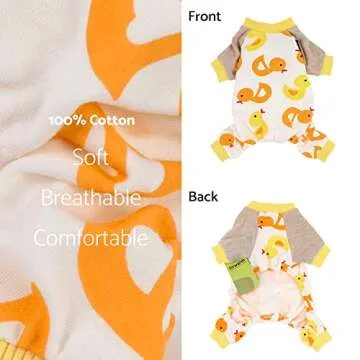 Fitwarm Duck Dog Pajamas, Cute Dog Clothes for Small Dogs Boy Girl, Pet Onesie Clothing, 100% Breathable Cotton, Yellow, Small