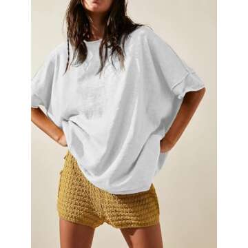 Tankaneo Women's Oversized T Shirts Casual Summer Crew Neck Loose Dropped Short Sleeve Side Slit Hem...