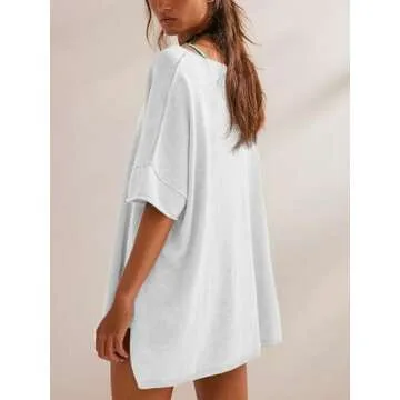 Tankaneo Women's Oversized T Shirts Casual Summer Crew Neck Loose Dropped Short Sleeve Side Slit Hem Blouse Tunic Tops White
