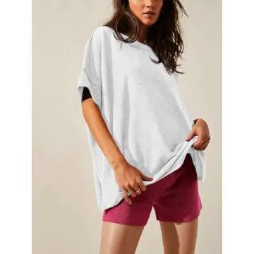 Tankaneo Women's Oversized T Shirts Casual Summer Crew Neck Loose Dropped Short Sleeve Side Slit Hem Blouse Tunic Tops White