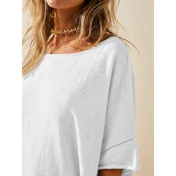 Tankaneo Women's Oversized T Shirts Casual Summer Crew Neck Loose Dropped Short Sleeve Side Slit Hem Blouse Tunic Tops White