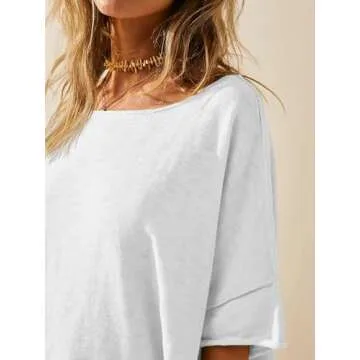Tankaneo Women's Oversized T Shirts Casual Summer Crew Neck Loose Dropped Short Sleeve Side Slit Hem Blouse Tunic Tops White