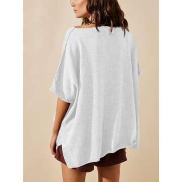 Tankaneo Women's Oversized T Shirts Casual Summer Crew Neck Loose Dropped Short Sleeve Side Slit Hem Blouse Tunic Tops White