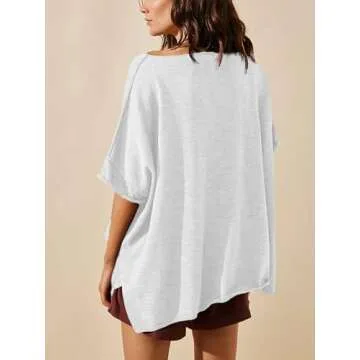 Tankaneo Women's Oversized T Shirts Casual Summer Crew Neck Loose Dropped Short Sleeve Side Slit Hem Blouse Tunic Tops White
