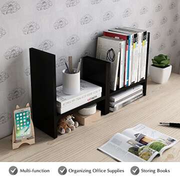 Jerry & Maggie Desktop Organizer Office Storage Rack Adjustable Wood Display Shelf Free Style Double H Display True Natural Stand Shelf (Black)