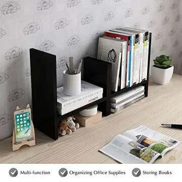Jerry & Maggie Desktop Organizer Office Storage Rack Adjustable Wood Display Shelf Free Style Double H Display True Natural Stand Shelf (Black)