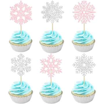 36Pcs Snowflake Cupcake Toppers Glitter Winter Frozen Theme Snowflake Cupcake Pick Decorations for B...