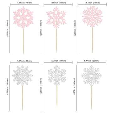 36Pcs Snowflake Cupcake Toppers Glitter Winter Frozen Theme Snowflake Cupcake Pick Decorations for Baby Shower Kids Birthday Christmas Party Decorations Supplies Light Pink Silver