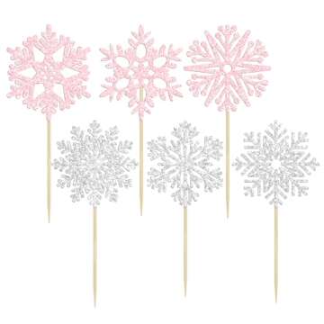 36Pcs Snowflake Cupcake Toppers Glitter Winter Frozen Theme Snowflake Cupcake Pick Decorations for Baby Shower Kids Birthday Christmas Party Decorations Supplies Light Pink Silver