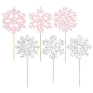 36Pcs Snowflake Cupcake Toppers Glitter Winter Frozen Theme Snowflake Cupcake Pick Decorations for Baby Shower Kids Birthday Christmas Party Decorations Supplies Light Pink Silver
