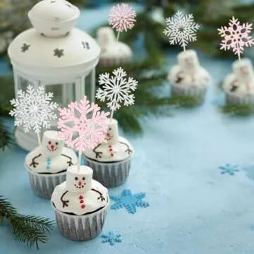 36Pcs Snowflake Cupcake Toppers Glitter Winter Frozen Theme Snowflake Cupcake Pick Decorations for Baby Shower Kids Birthday Christmas Party Decorations Supplies Light Pink Silver
