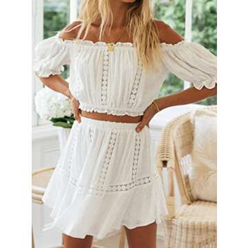 RIXDAS Women's Summer Two Piece Ruffle Trim Cami Hollow out Crop Top and Wrap Skirt Set