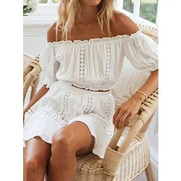 RIXDAS Women's Summer Two Piece Ruffle Trim Cami Hollow out Crop Top and Wrap Skirt Set