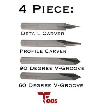 FOOS - Engraving CNC Wood Carving Router Bit Set - 4pcs - Solid Carbide - 1/4” Shanks = Profile + ...