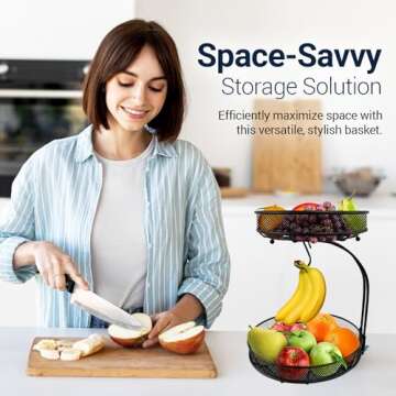 2 Tier Fruit Basket for Kitchen Counter - Fruit Bowl For Kitchen Counter For Fruit and Vegetable Storage, Fruit Bowl with Banana Hanger, Fruit Vegetable Storage Basket for Countertop, Black