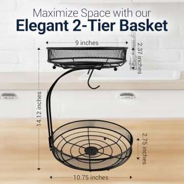 2 Tier Fruit Basket for Kitchen Counter - Fruit Bowl For Kitchen Counter For Fruit and Vegetable Storage, Fruit Bowl with Banana Hanger, Fruit Vegetable Storage Basket for Countertop, Black