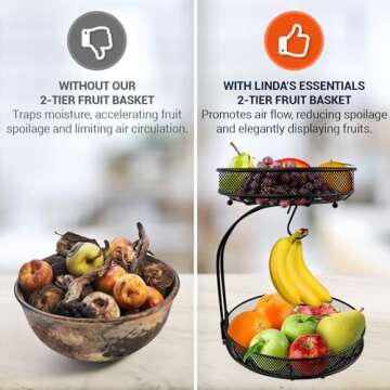 2 Tier Fruit Basket for Kitchen Counter - Fruit Bowl For Kitchen Counter For Fruit and Vegetable Storage, Fruit Bowl with Banana Hanger, Fruit Vegetable Storage Basket for Countertop, Black