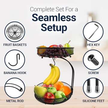 2 Tier Fruit Basket for Kitchen Counter - Fruit Bowl For Kitchen Counter For Fruit and Vegetable Storage, Fruit Bowl with Banana Hanger, Fruit Vegetable Storage Basket for Countertop, Black