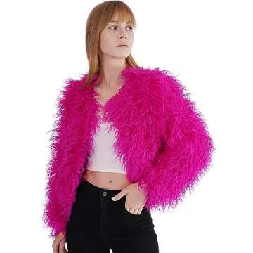 YUAKOU Women's Shaggy Faux Fur Jacket in Rose Red