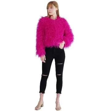 YUAKOU Women's Shaggy Faux Fur Jacket in Rose Red