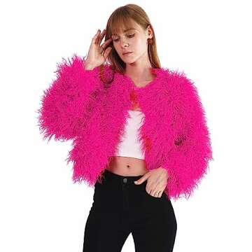 YUAKOU Women's Shaggy Faux Fur Outwear Coat Jacket Long Sleeve Warm Winter Rose Red