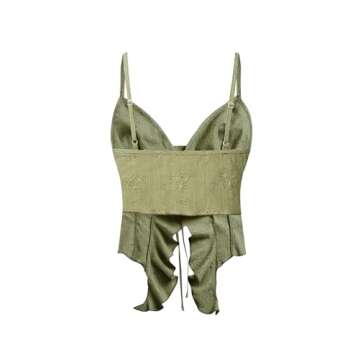 BEAUDRM Women's Asymmetric Hem Cami Crop Top Backless Tie Front Ruffle Trim Slim Fit Camisole Green ...