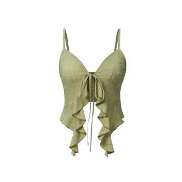 BEAUDRM Women's Asymmetric Hem Cami Crop Top Backless Tie Front Ruffle Trim Slim Fit Camisole Green Medium