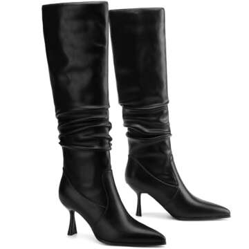 TEAIEUI Knee High Boots Women Kitten High Heel Faux Leather Pointed Toe Slouchy Long Boots Fashion D...