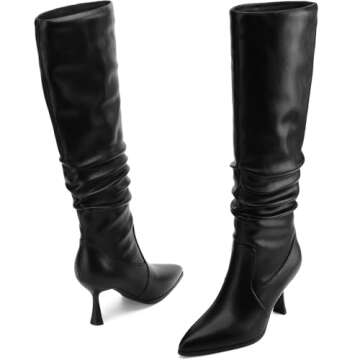 TEAIEUI Knee High Boots Women Kitten High Heel Faux Leather Pointed Toe Slouchy Long Boots Fashion Dress Pull on Tall Boots