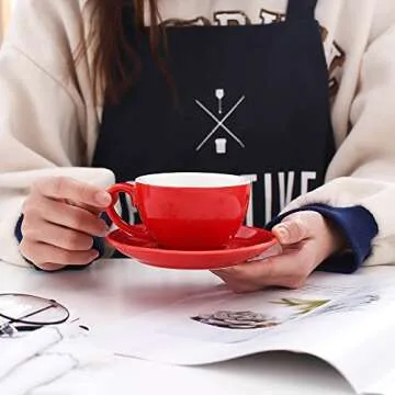 Coffeezone Ceramic Latte Art Cup and Saucer for Latte & Cappuccino & Double Espresso, Mate for Coffee Shop and Barista (Glossy Red, 10.5 oz)