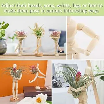 4 Pcs Wooden Jointed Mannequin Air Plant Holder - Tabletop Air Plant Stand in 2 Sizes, Tillandsia Air Plant Display Container with Adjustable Poses for DIY Home Office Decoration Housewarming Gifts