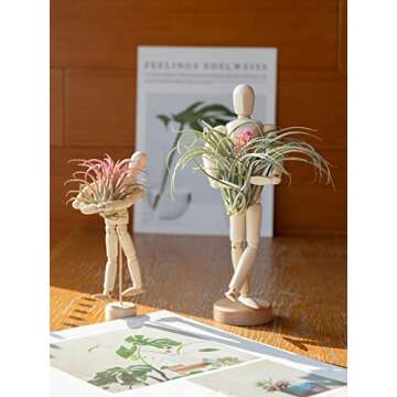 4 Pcs Wooden Jointed Mannequin Air Plant Holder - Tabletop Air Plant Stand in 2 Sizes, Tillandsia Air Plant Display Container with Adjustable Poses for DIY Home Office Decoration Housewarming Gifts