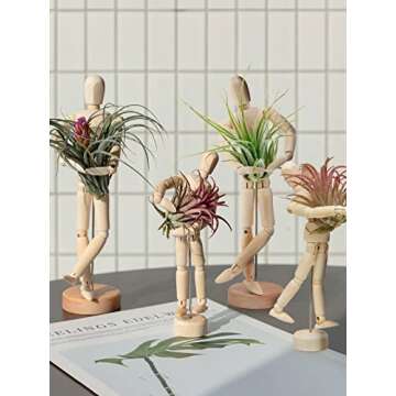 4 Pcs Wooden Jointed Mannequin Air Plant Holder - Tabletop Air Plant Stand in 2 Sizes, Tillandsia Air Plant Display Container with Adjustable Poses for DIY Home Office Decoration Housewarming Gifts
