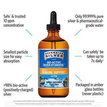 Sovereign Silver Bio-Active Silver Hydrosol for Immune Support, Colloidal-Silver Liquid, 10 ppm, 8oz (236mL) Dropper
