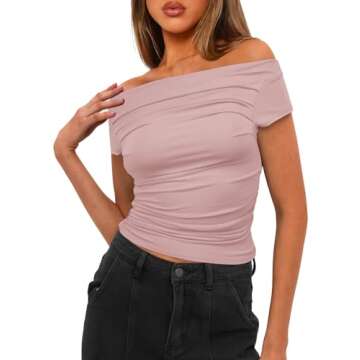 Darong Women's Summer Short Sleeve Boat Neck Off Shoulder Slim Fit Crop Top Going Out Blouses Y2K Tight Shirts 9048 Light Pink M
