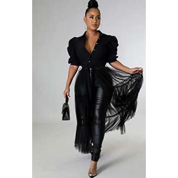 Ekaliy Women’s Plus Size Casual Tunic Tops Blouses Mesh See Through Shirts Dresses with Belt Club Party Outfit XXL Black