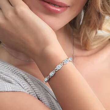 Gem Stone King Sky Blue Aquamarine 925 Sterling Silver Tennis Bracelet For Women (9.10 Cttw, March Gemstone Birthstone, Oval 6X4MM, 7 Inch With 1 Inch Extender)