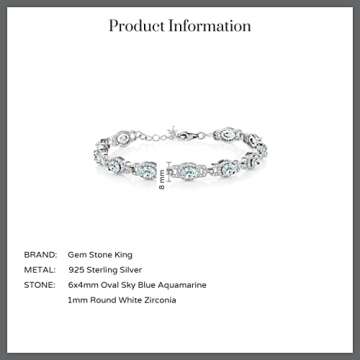Gem Stone King Sky Blue Aquamarine 925 Sterling Silver Tennis Bracelet For Women (9.10 Cttw, March Gemstone Birthstone, Oval 6X4MM, 7 Inch With 1 Inch Extender)