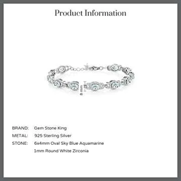 Gem Stone King Sky Blue Aquamarine 925 Sterling Silver Tennis Bracelet For Women (9.10 Cttw, March Gemstone Birthstone, Oval 6X4MM, 7 Inch With 1 Inch Extender)