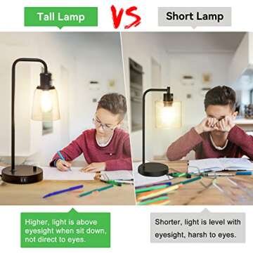 Industrial Table Lamp with 2 USB Ports, Fully Dimmable Vintage Nightstand Lamp, Tall Bedside Lamp Glass Shade, Desk Reading Lamp for Bedroom, Living Room, Office, 6W 2700K LED Edison Bulb Included